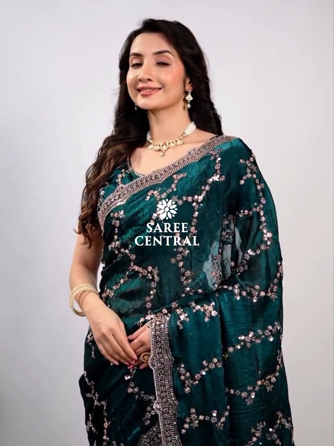 Emerald Green Satin Silk Saree with Rose Gold Beads, Cutdana, Sequins Embroidery Work (SC99112) - Image 6