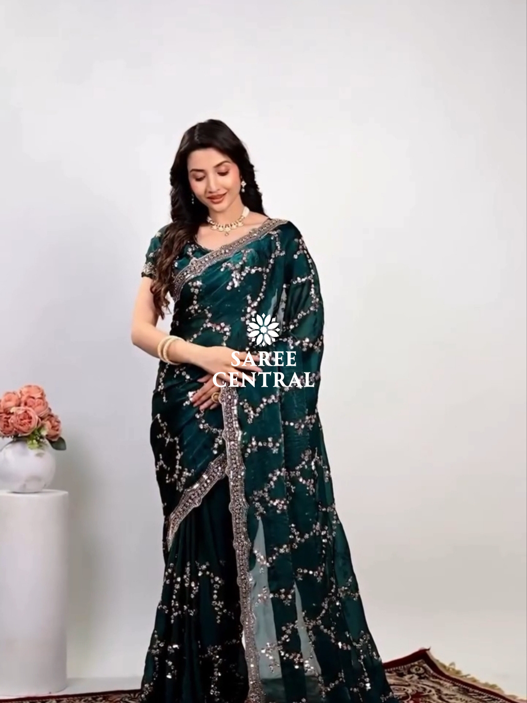 Emerald Green Satin Silk Saree with Rose Gold Beads, Cutdana, Sequins Embroidery Work (SC99112) - Image 3