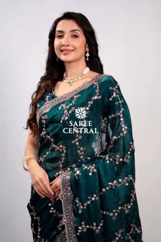 Emerald Green Satin Silk Saree with Rose Gold Beads, Cutdana, Sequins Embroidery Work (SC99112)