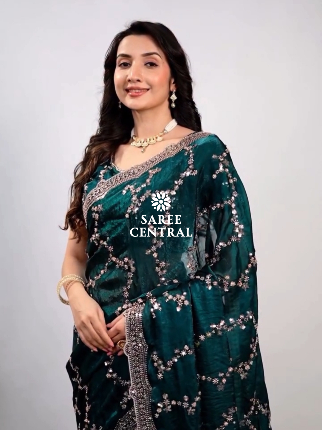 Emerald Green Satin Silk Saree with Rose Gold Beads, Cutdana, Sequins Embroidery Work (SC99112)