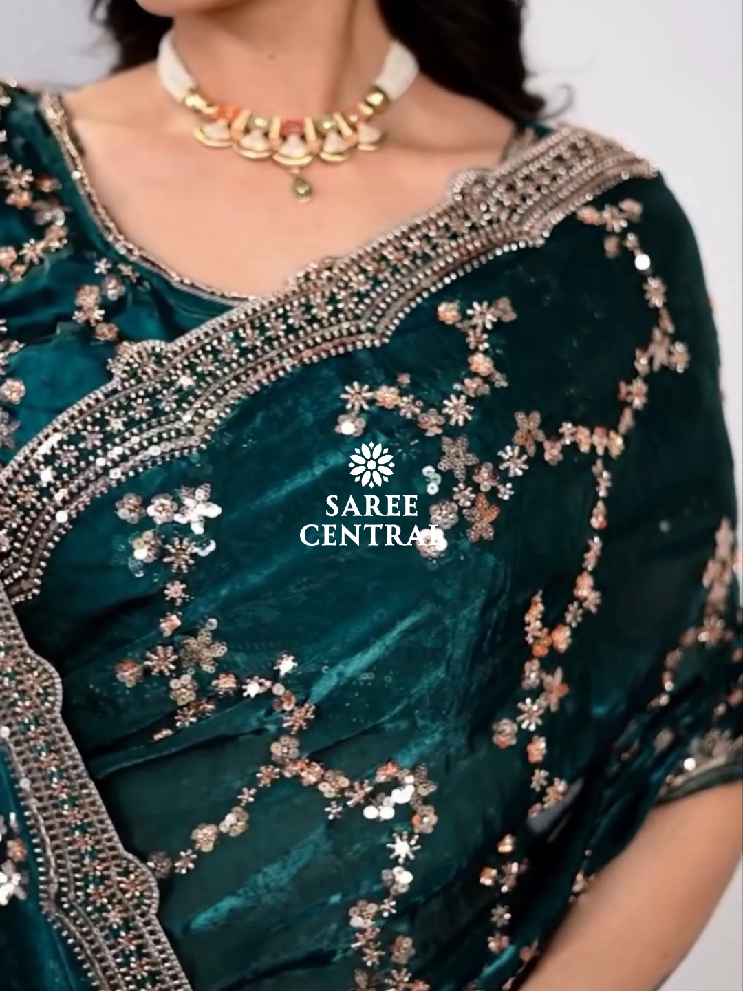 Emerald Green Satin Silk Saree with Rose Gold Beads, Cutdana, Sequins Embroidery Work (SC99112) - Image 2