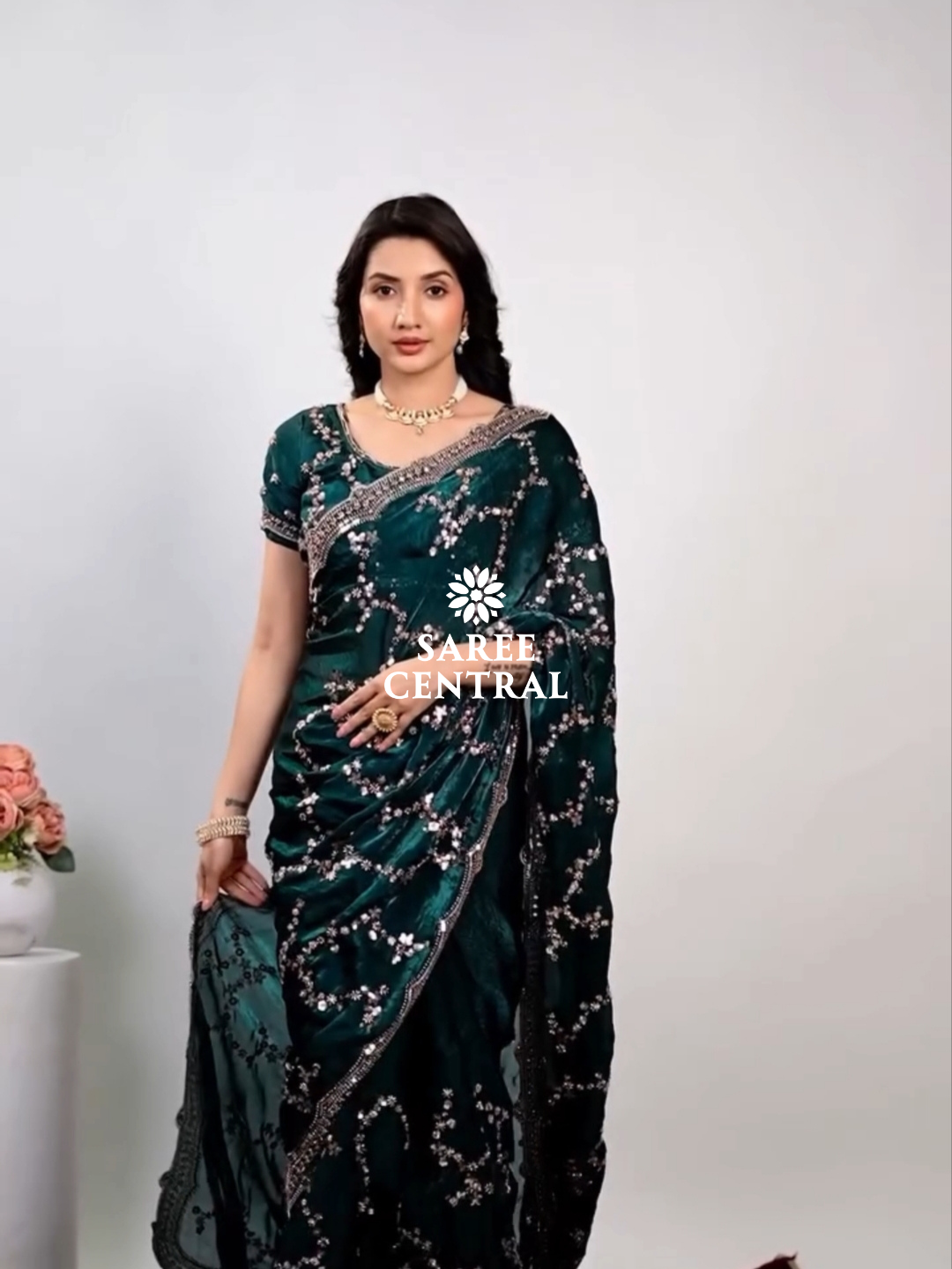 Emerald Green Satin Silk Saree with Rose Gold Beads, Cutdana, Sequins Embroidery Work (SC99112) - Image 7