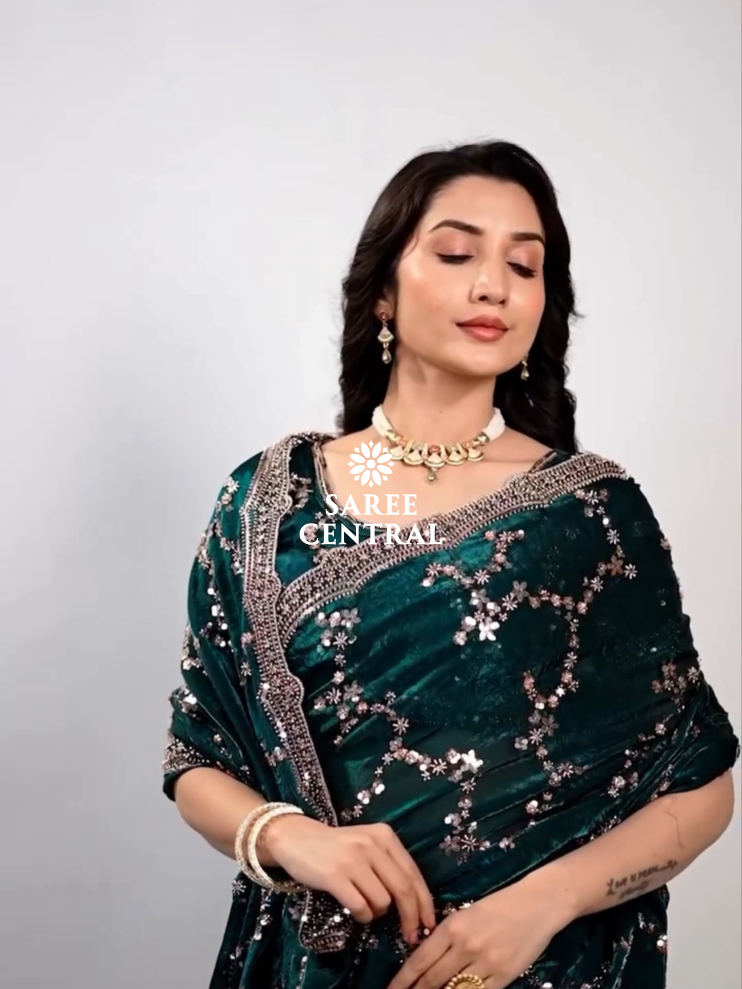 Emerald Green Satin Silk Saree with Rose Gold Beads, Cutdana, Sequins Embroidery Work (SC99112) - Image 8