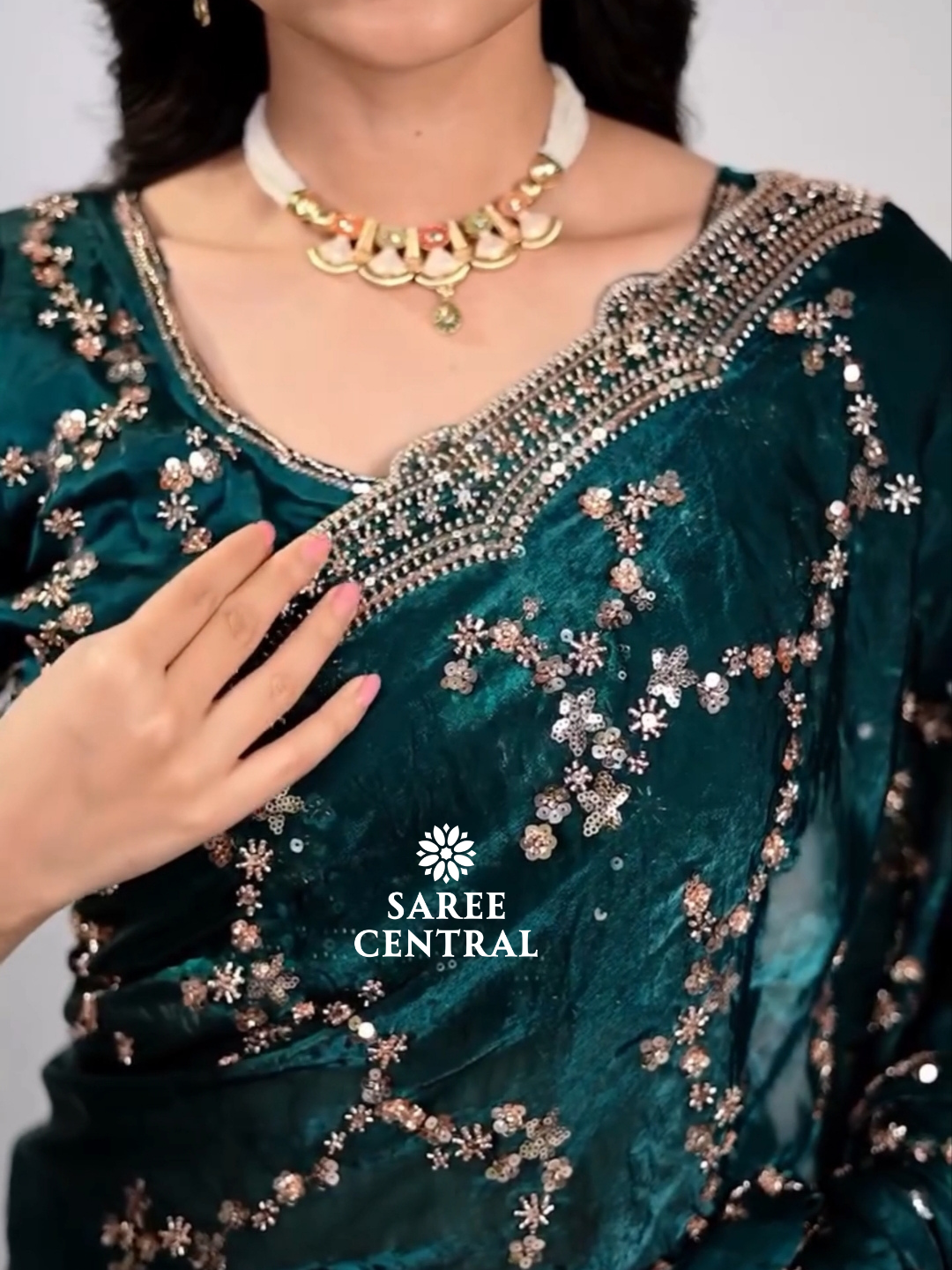 Emerald Green Satin Silk Saree with Rose Gold Beads, Cutdana, Sequins Embroidery Work (SC99112) - Image 4