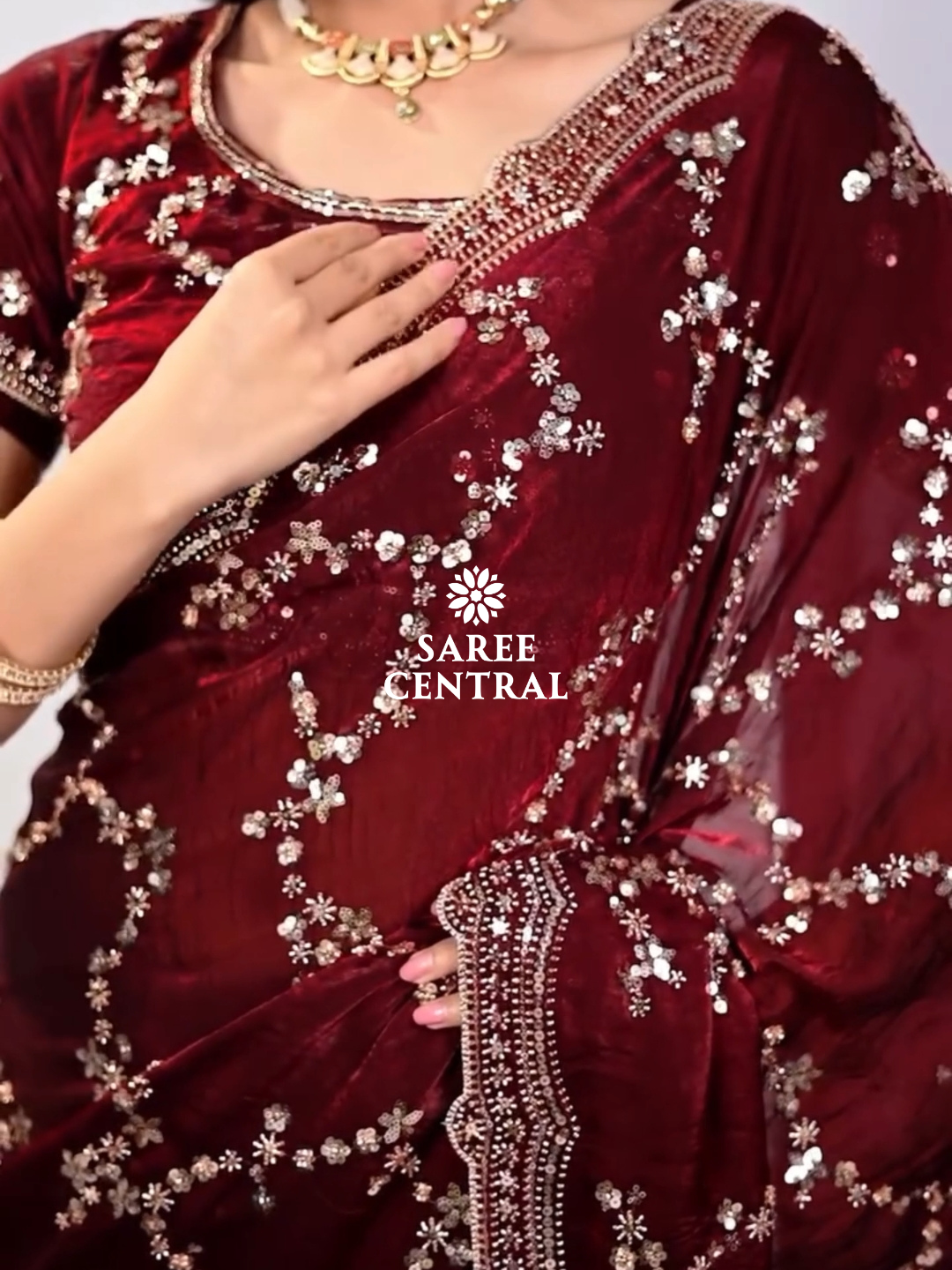 Maroon Satin Silk Saree with Rose Gold Beads, Cutdana, Sequins Embroidery Work (SC99111) - Image 3