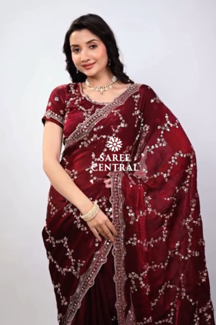 Maroon Satin Silk Saree with Rose Gold Beads, Cutdana, Sequins Embroidery Work (SC99111)
