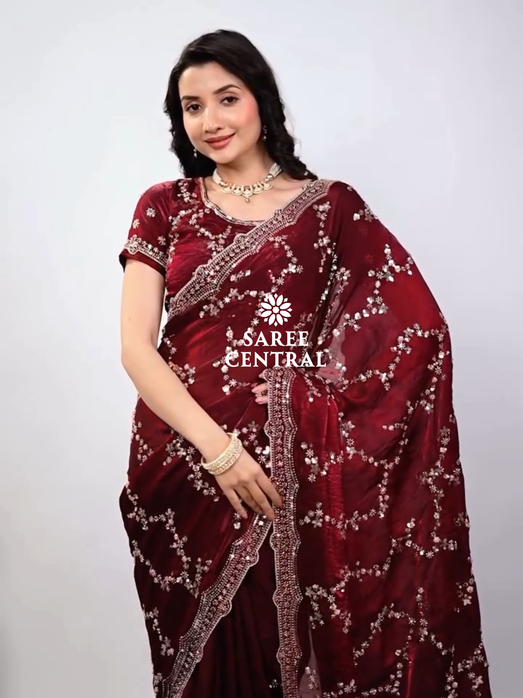 Maroon Satin Silk Saree with Rose Gold Beads, Cutdana, Sequins Embroidery Work (SC99111)