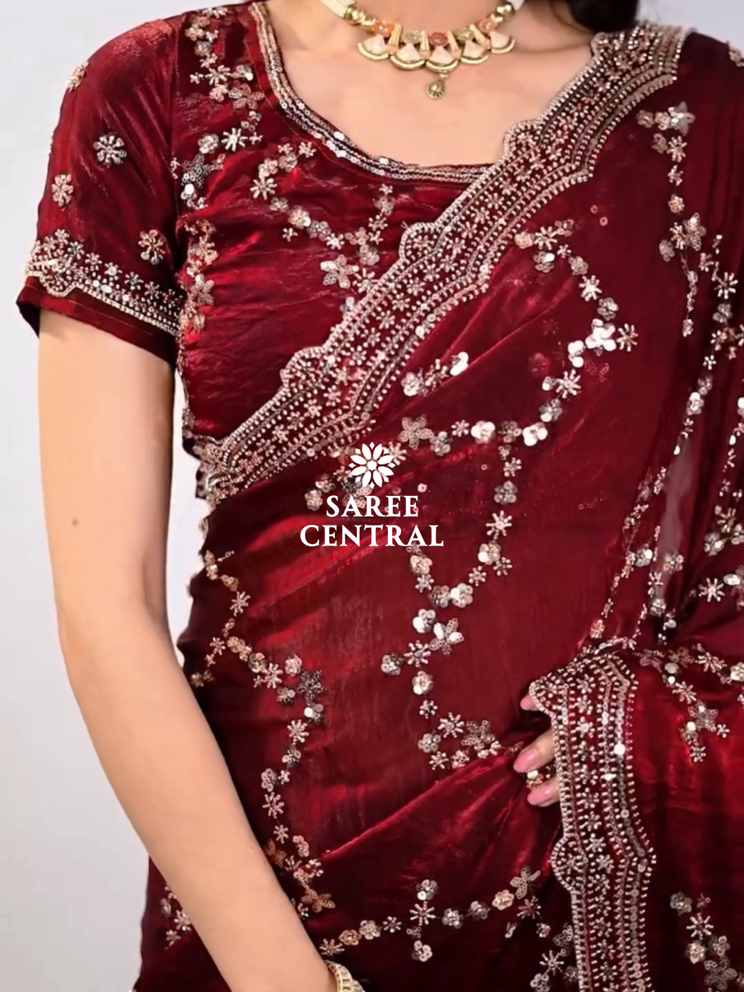 Maroon Satin Silk Saree with Rose Gold Beads, Cutdana, Sequins Embroidery Work (SC99111) - Image 4