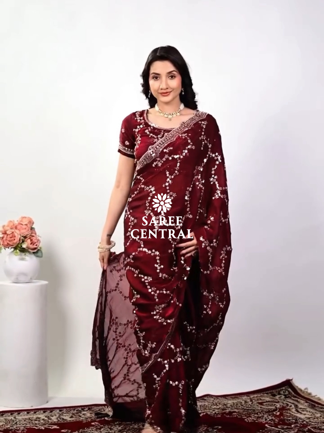 Maroon Satin Silk Saree with Rose Gold Beads, Cutdana, Sequins Embroidery Work (SC99111) - Image 2