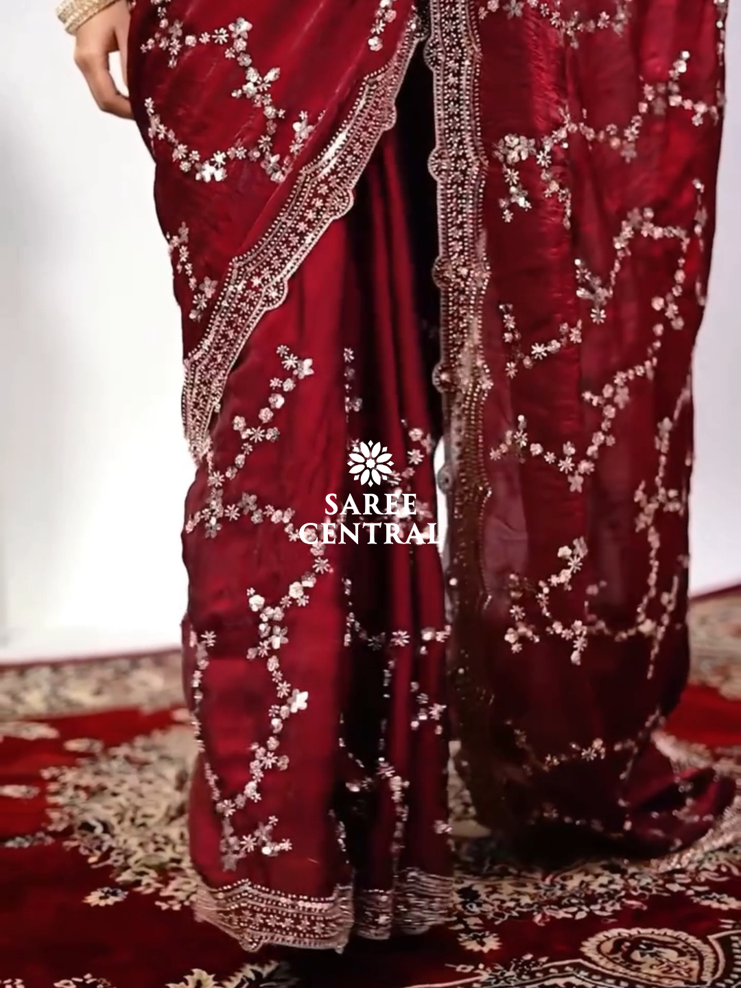 Maroon Satin Silk Saree with Rose Gold Beads, Cutdana, Sequins Embroidery Work (SC99111) - Image 7