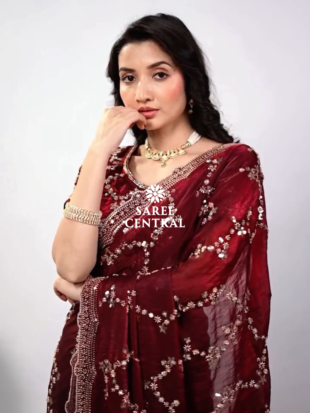 Maroon Satin Silk Saree with Rose Gold Beads, Cutdana, Sequins Embroidery Work (SC99111) - Image 5