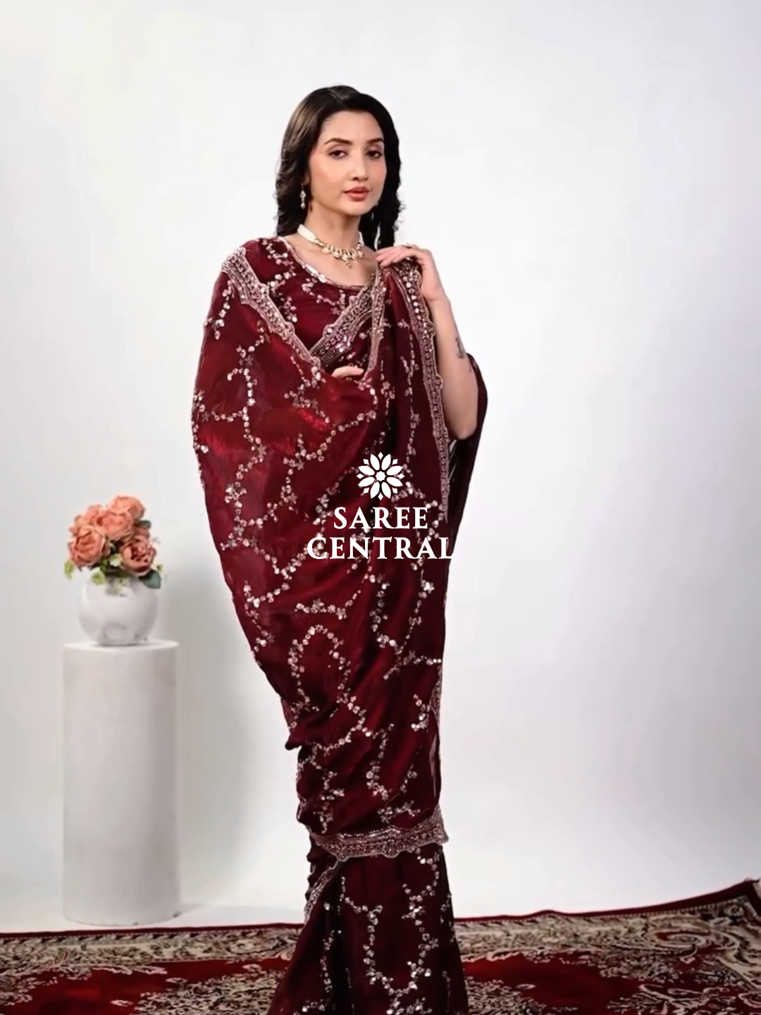 Maroon Satin Silk Saree with Rose Gold Beads, Cutdana, Sequins Embroidery Work (SC99111) - Image 6