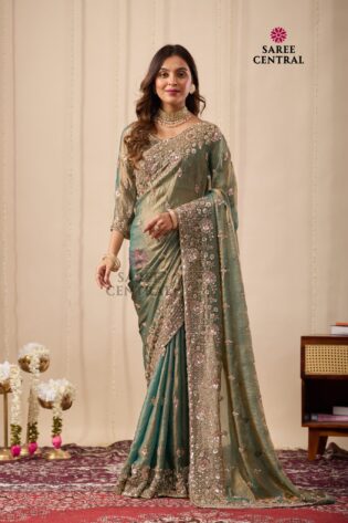 Luxury Pista Satin Silk Saree with Gold Beads, Cutdana, Sequins Embroidery Work (SC77111)
