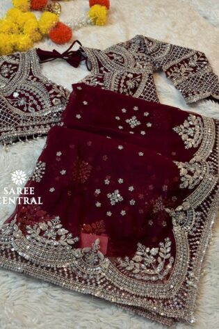 Maroon Net Saree With Heavy Hand Embroidered Jarkan, Sequins Work (SC55114)