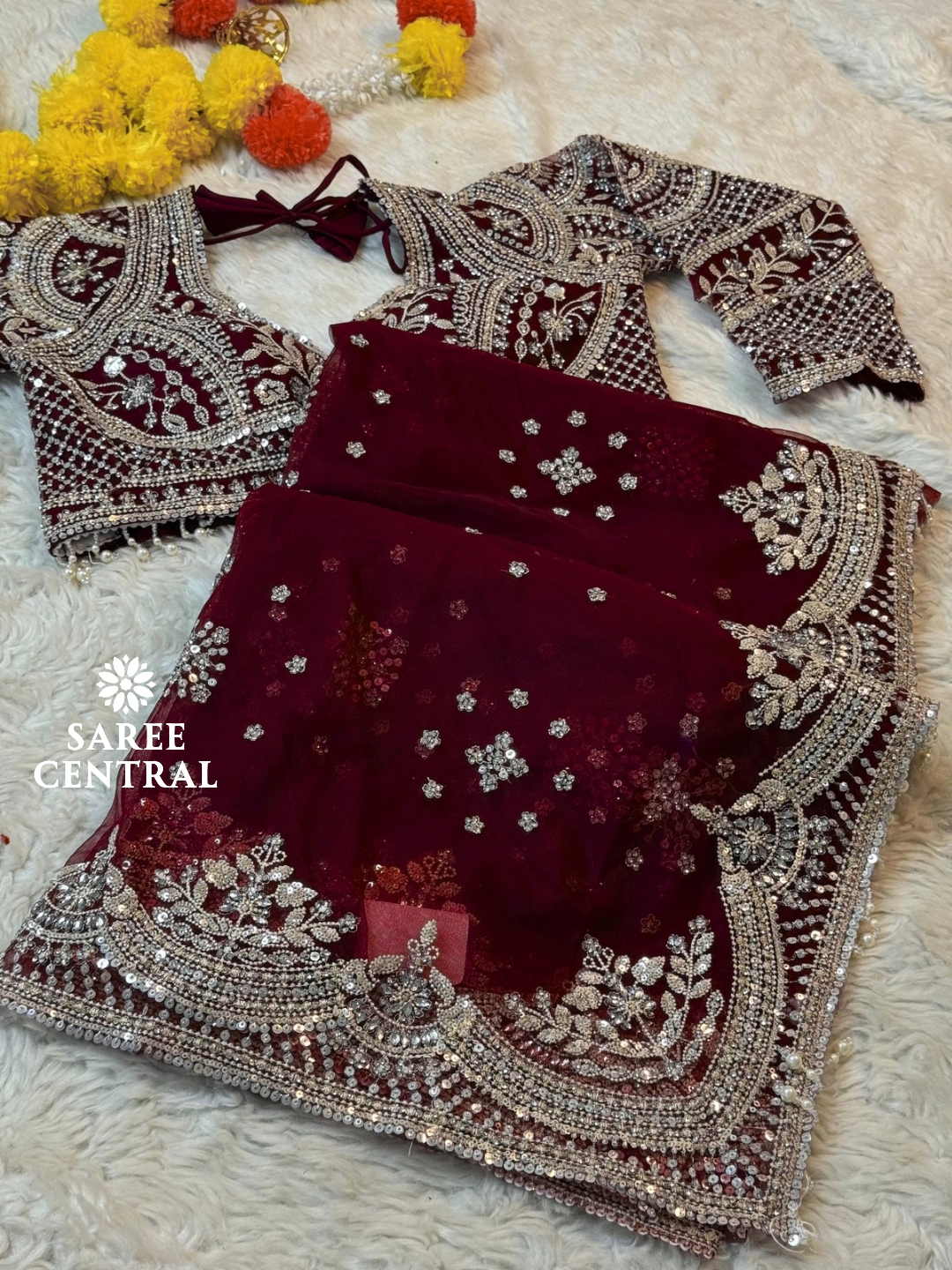 Maroon Net Saree With Heavy Hand Embroidered Jarkan, Sequins Work (SC55114)
