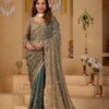 Luxury Pista Green Satin Silk Saree with Gold Beads, Cutdana, Sequins Embroidery Work (SC33111)