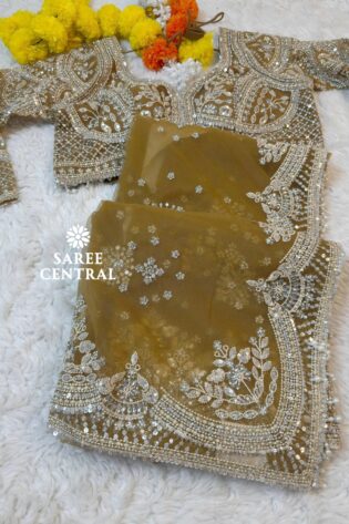 Champagne Gold Net Saree With Heavy Hand Embroidered Jarkan, Sequins Work (SC55115)