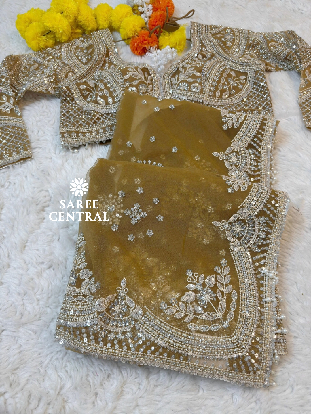 Champagne Gold Net Saree With Heavy Hand Embroidered Jarkan, Sequins Work (SC55115)