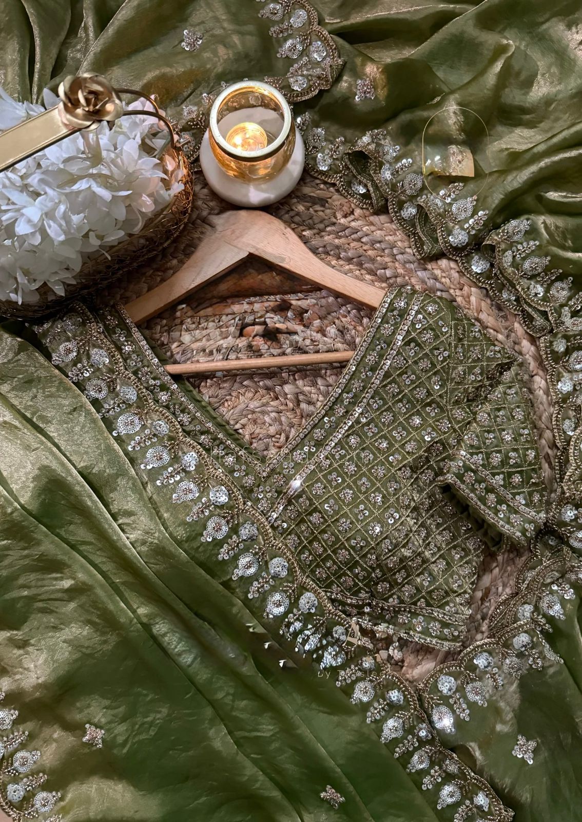 Olive Green Designer Satin Silk Saree with Beads, Cutdana, Sequins & Thread Embroidery Work with Heavy Work on Blouse (SC15124) - Image 5