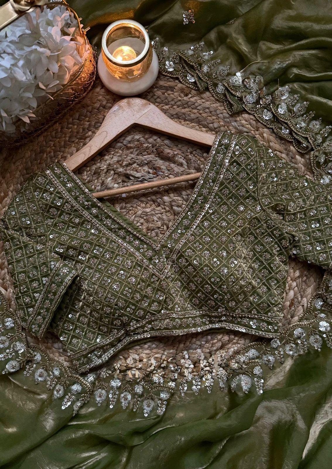 Olive Green Designer Satin Silk Saree with Beads, Cutdana, Sequins & Thread Embroidery Work with Heavy Work on Blouse (SC15124) - Image 7