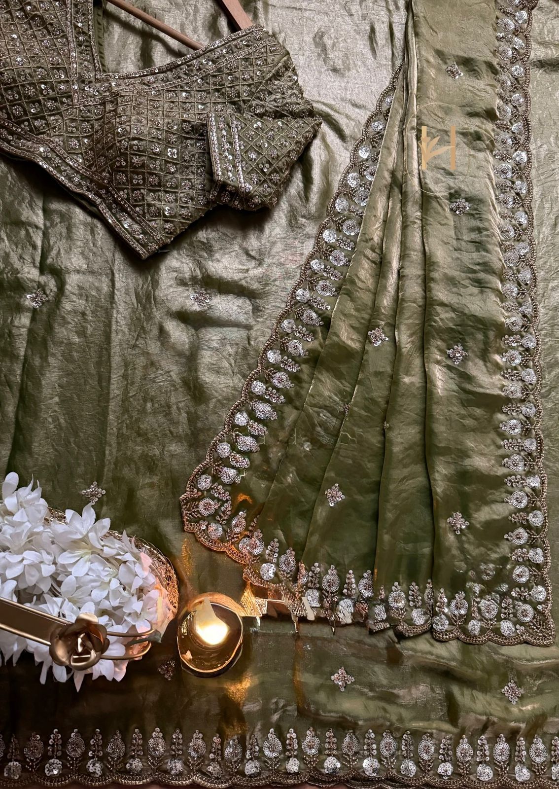 Olive Green Designer Satin Silk Saree with Beads, Cutdana, Sequins & Thread Embroidery Work with Heavy Work on Blouse (SC15124) - Image 6