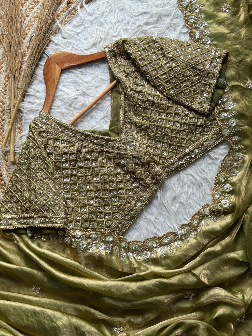 Olive Green Designer Satin Silk Saree with Beads, Cutdana, Sequins & Thread Embroidery Work with Heavy Work on Blouse (SC15124) - Image 2