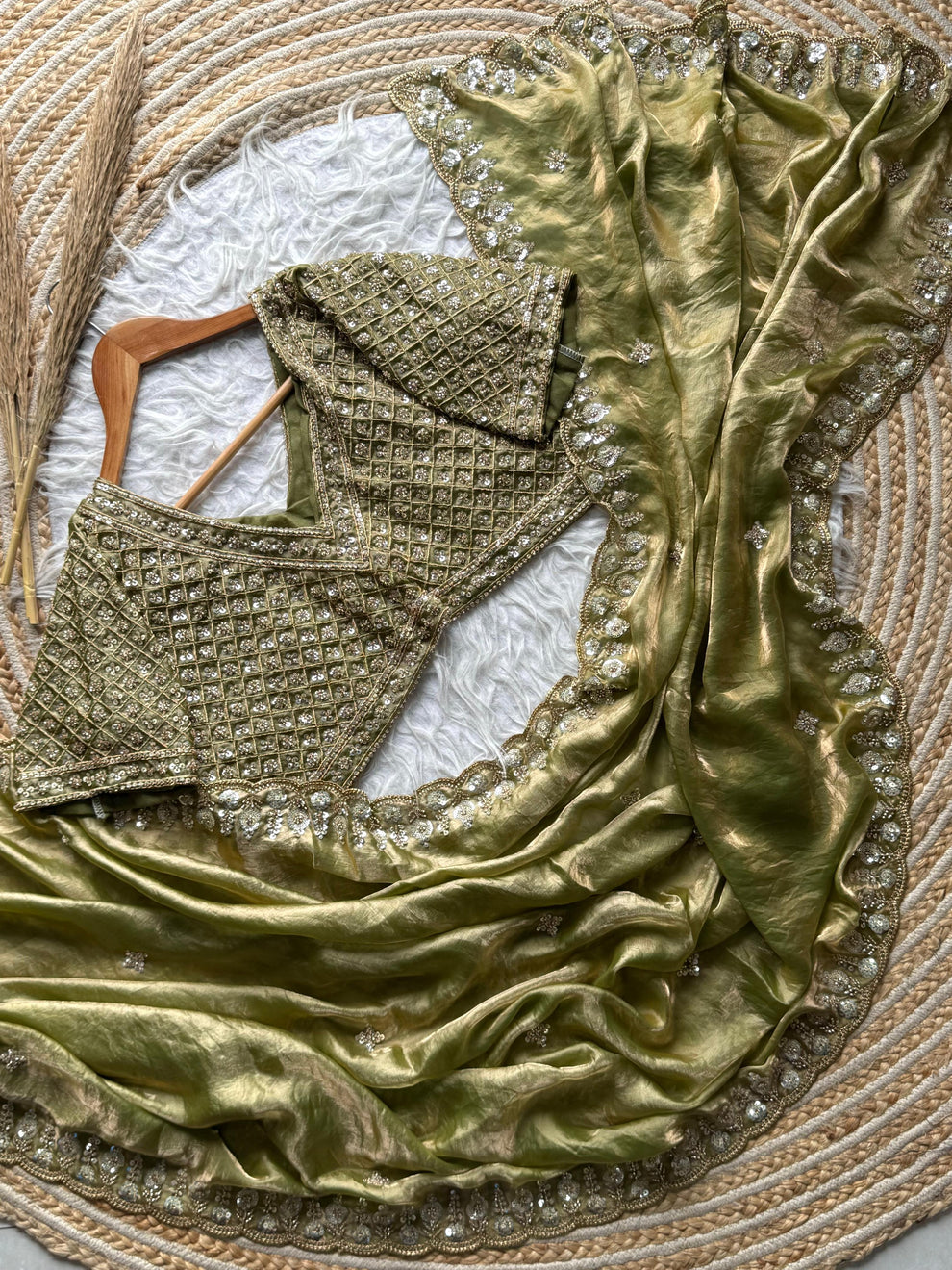Olive Green Designer Satin Silk Saree with Beads, Cutdana, Sequins & Thread Embroidery Work with Heavy Work on Blouse (SC15124) - Image 3