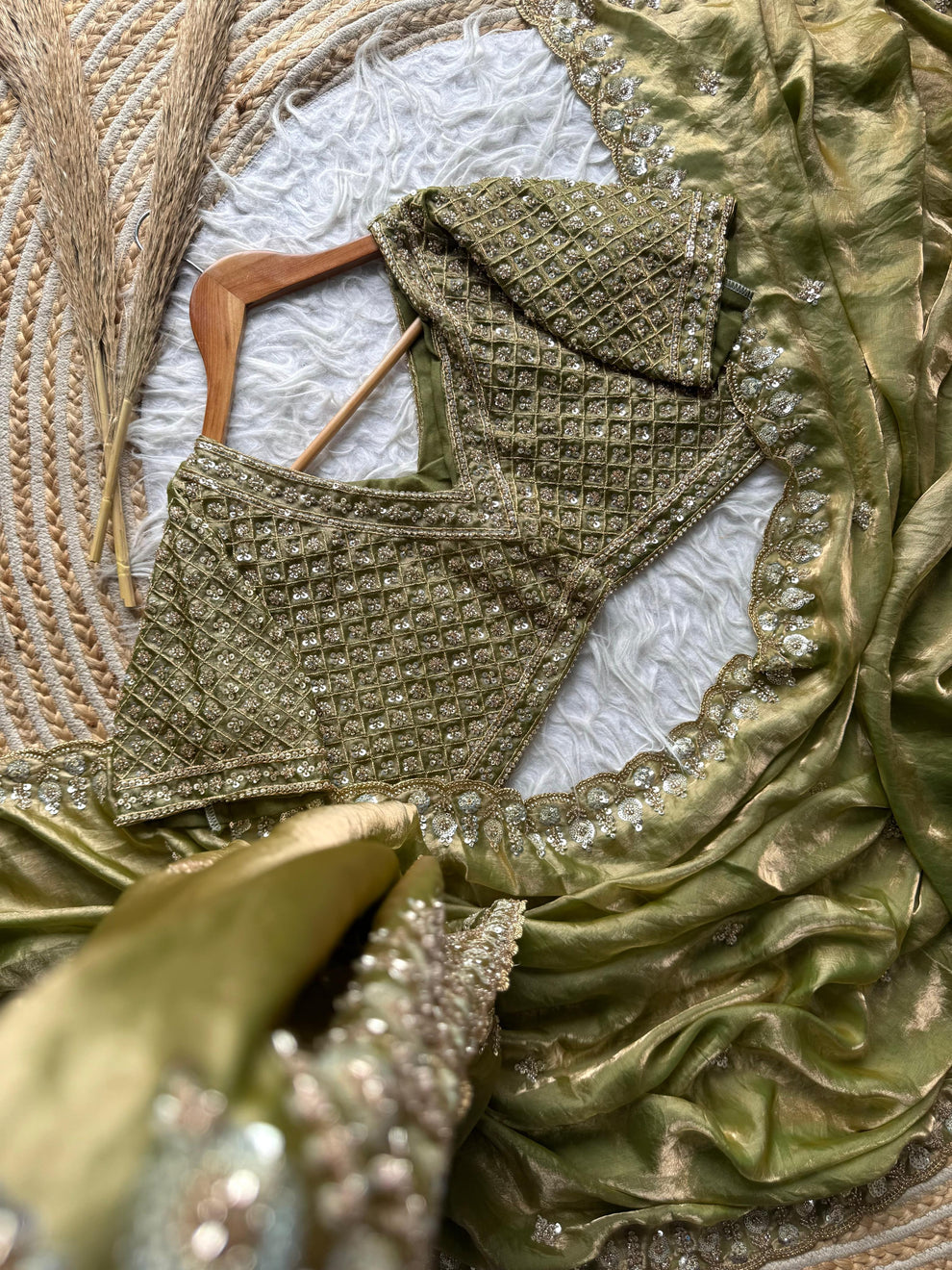 Olive Green Designer Satin Silk Saree with Beads, Cutdana, Sequins & Thread Embroidery Work with Heavy Work on Blouse (SC15124) - Image 4