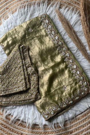 Olive Green Designer Satin Silk Saree with Beads, Cutdana, Sequins & Thread Embroidery Work with Heavy Work on Blouse (SC15124)