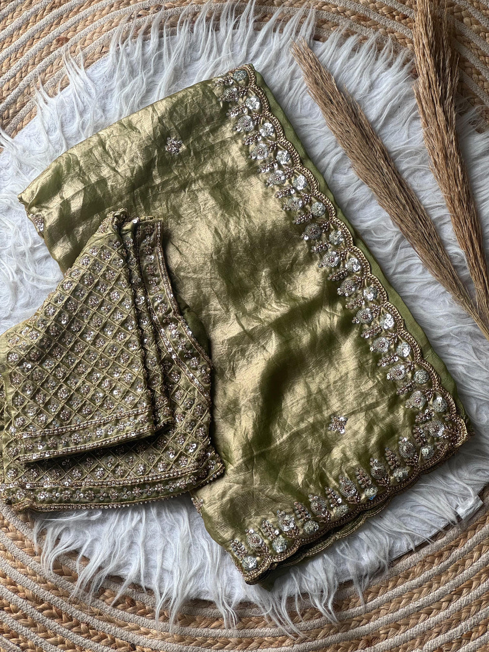 Olive Green Designer Satin Silk Saree with Beads, Cutdana, Sequins & Thread Embroidery Work with Heavy Work on Blouse (SC15124)