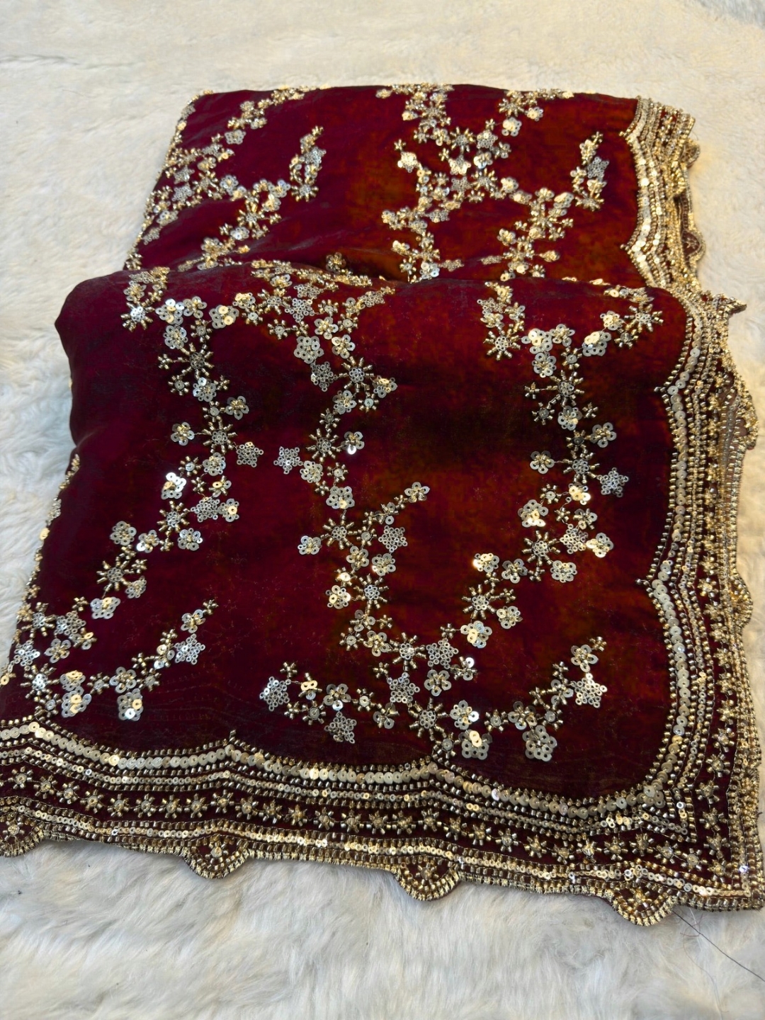 Luxury Maroon Fandy Satin Silk Saree with Gold Beads, Cutdana, Sequins Embroidery Work (SC99111)