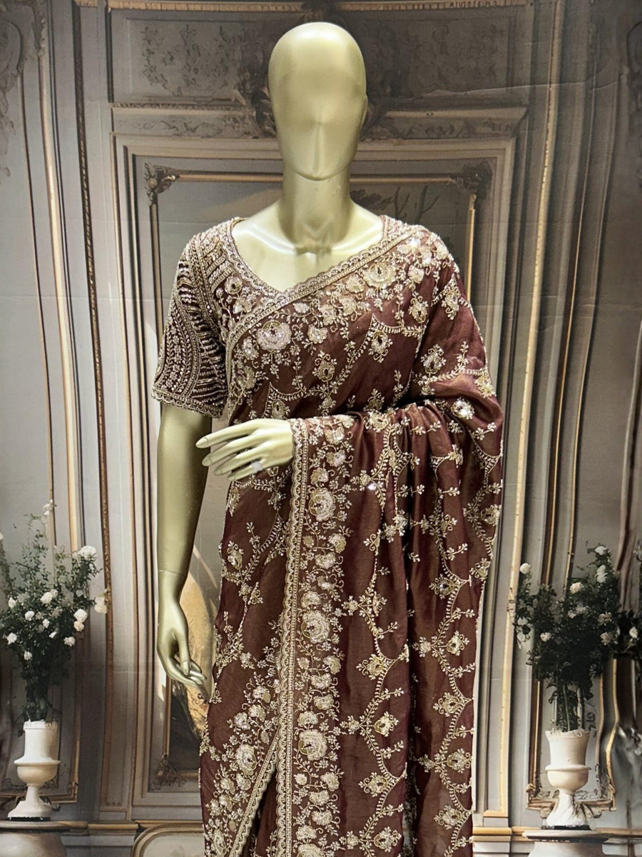 Ultra Luxury Silk Saree with Pearl, Zari, Sequins, Cutdana, Beads, Embroidery Work Saree with Readymade Blouse (SC44113)