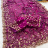 Magenta Wine Fandy Satin Silk Saree with Gold Beads Cutdana and Sequins work with Heavy Work Readymade Blouse (SC44558)