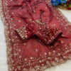 Maroon Fandy Satin Silk Saree with Gold Beads Cutdana and Sequins work with Heavy Work Readymade Blouse (SC44552)
