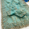 Ocean Blue Fandy Satin Silk Saree with Gold Beads Cutdana and Sequins work with Heavy Work Readymade Blouse (SC44556)
