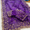 Purple Fandy Satin Silk Saree with Gold Beads Cutdana and Sequins work with Heavy Work Readymade Blouse (SC44557)