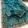 Firozi Fandy Satin Silk Saree with Gold Beads Cutdana and Sequins work with Heavy Work Readymade Blouse (SC44551)