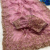 Baby Pink Fandy Satin Silk Saree with Gold Beads Cutdana and Sequins work with Heavy Work Readymade Blouse (SC44553)