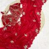 Red fandy satin silk saree with beads cutdana and sequins work with Heavy Work Readymade Blouse (SC11551)