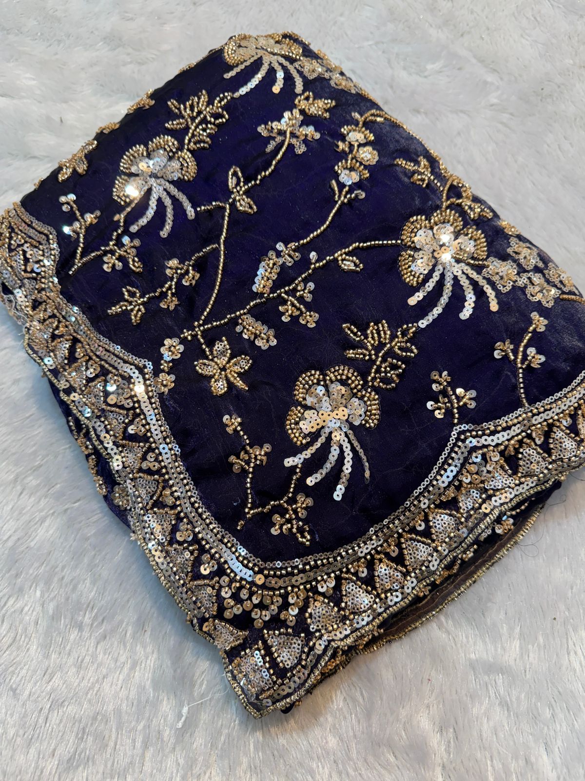 Luxury Navy Blue Satin Silk Saree with Gold Beads Cutdana and Sequins Embroidery Work (SC53114)