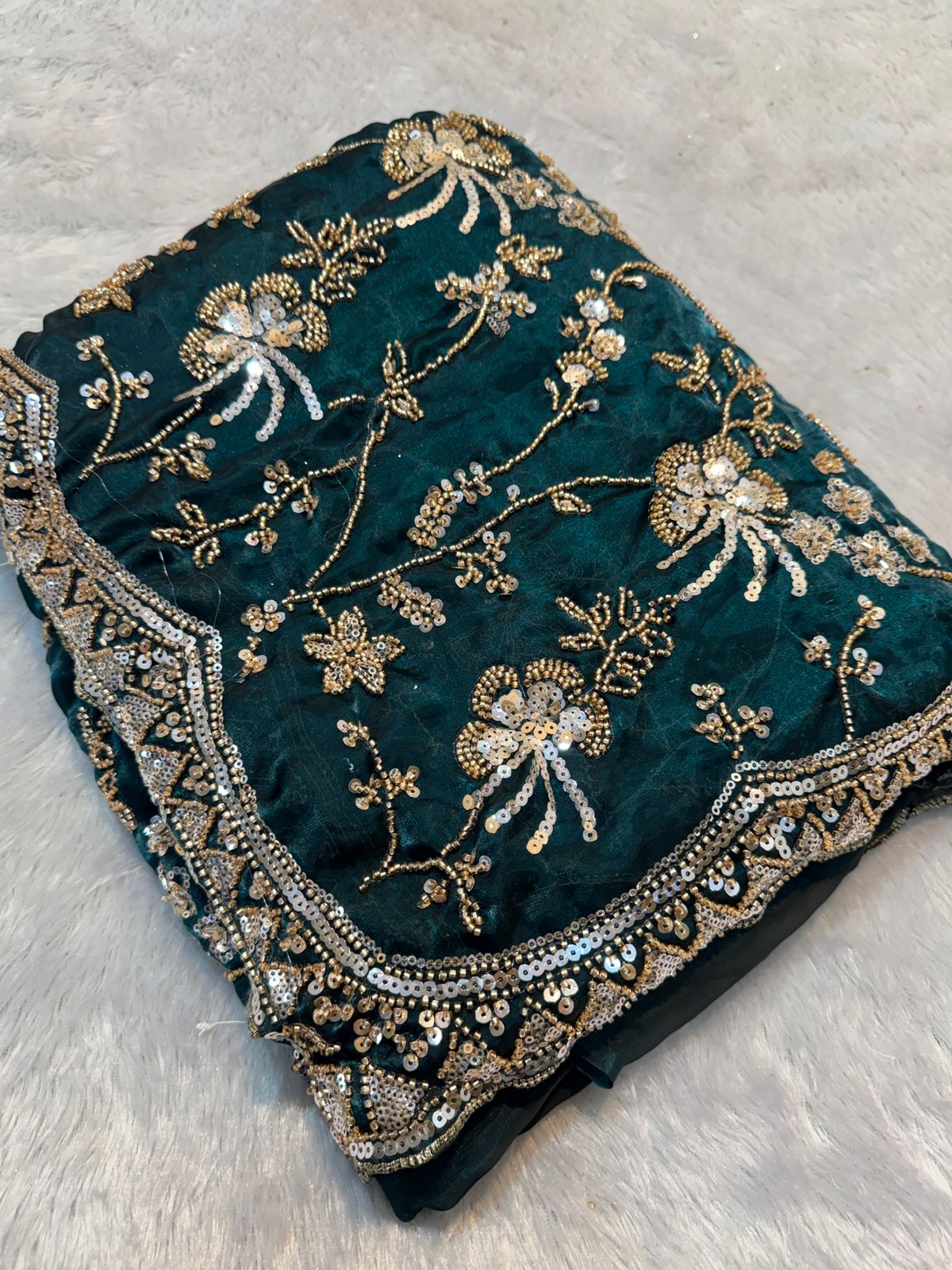 Luxury Emerald Green Fandy Satin Silk Saree with Gold Beads Cutdana and Sequins Embroidery Work (SC53115)