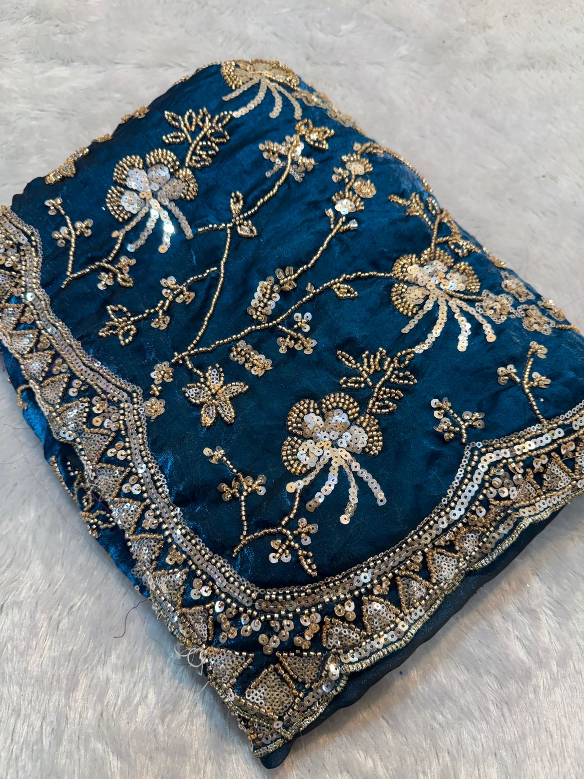 Luxury Blue Fandy Satin Silk Saree with Gold Beads Cutdana and Sequins Embroidery Work (SC53116)