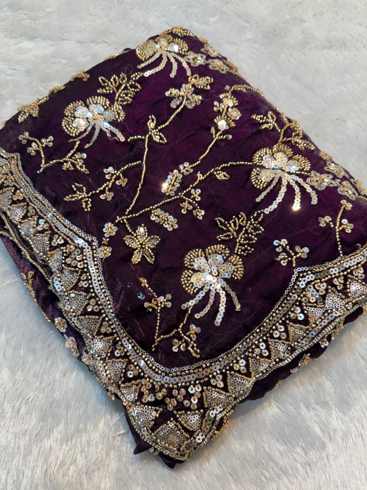 Luxury Wine Magenta Fandy Satin Silk Saree with Gold Beads Cutdana and Sequins Embroidery Work (SC53113)