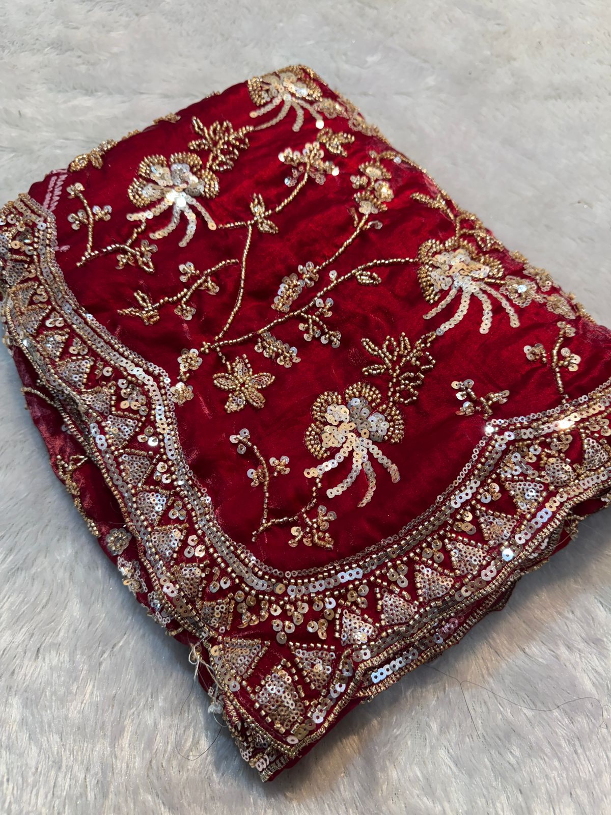Luxury Red Fandy Satin Silk Saree with Gold Beads Cutdana and Sequins Embroidery Work (SC53112)