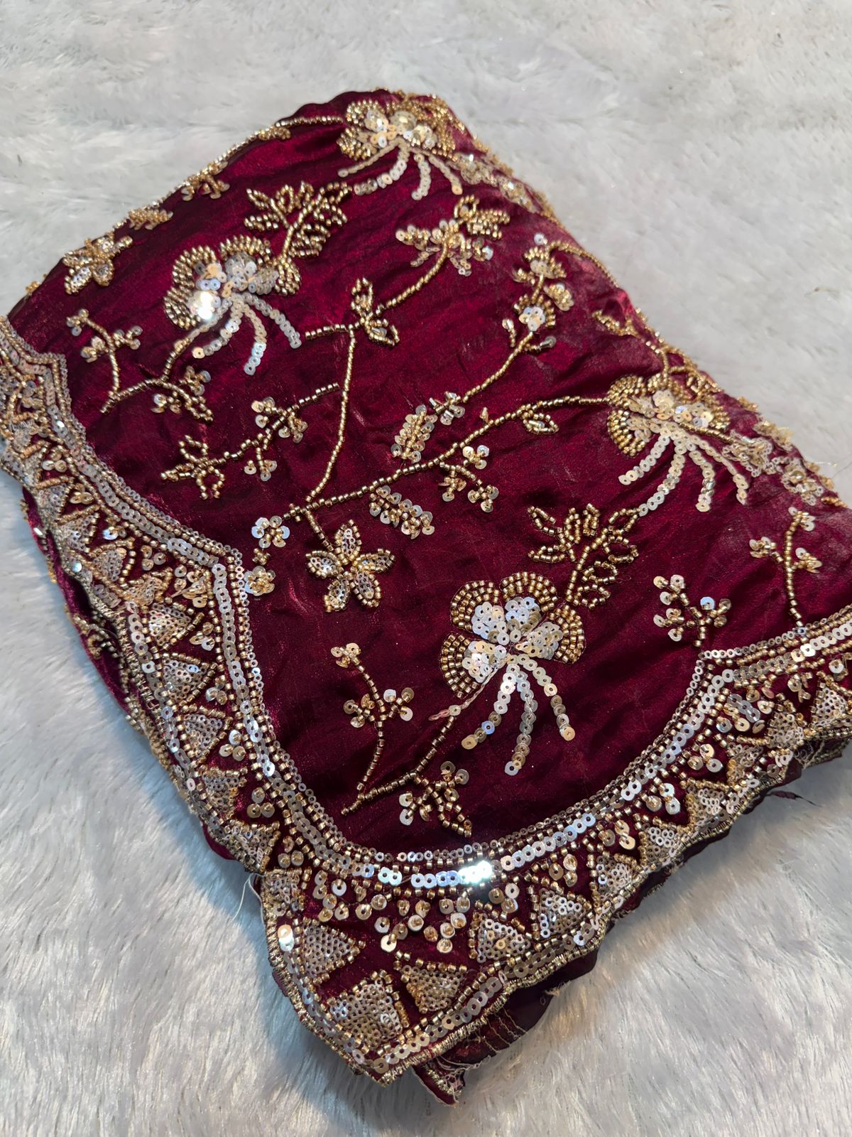 Luxury Maroon Fandy Satin Silk Saree with Gold Beads Cutdana and Sequins Embroidery Work (SC53111)