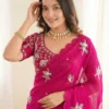 Pink fandy satin silk saree with beads cutdana and sequins work with Heavy Work Readymade Blouse (SC11552)