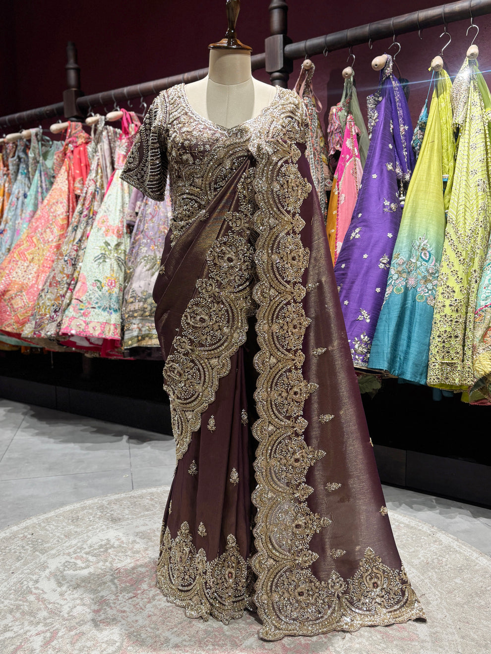 Ultra Luxury Brown / Deep Wine / Maroon Silk Saree with Pearl, Zari, Sequins, Cutdana, Beads, Diamond Embroidery Work Saree with Readymade Blouse (SC42113)