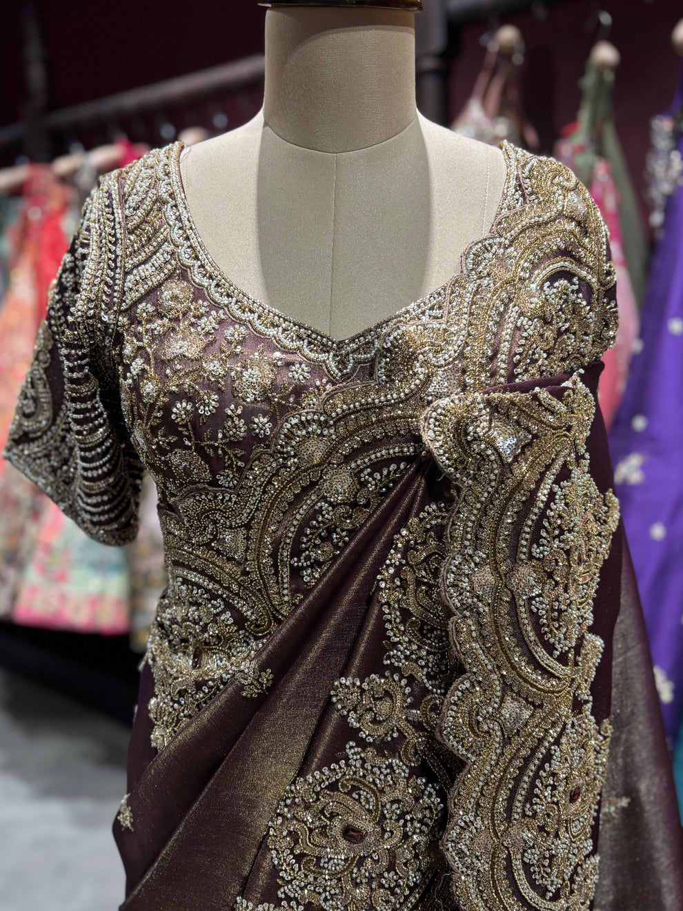 Ultra Luxury Brown / Deep Wine / Maroon Silk Saree with Pearl, Zari, Sequins, Cutdana, Beads, Diamond Embroidery Work Saree with Readymade Blouse (SC42113) - Image 2