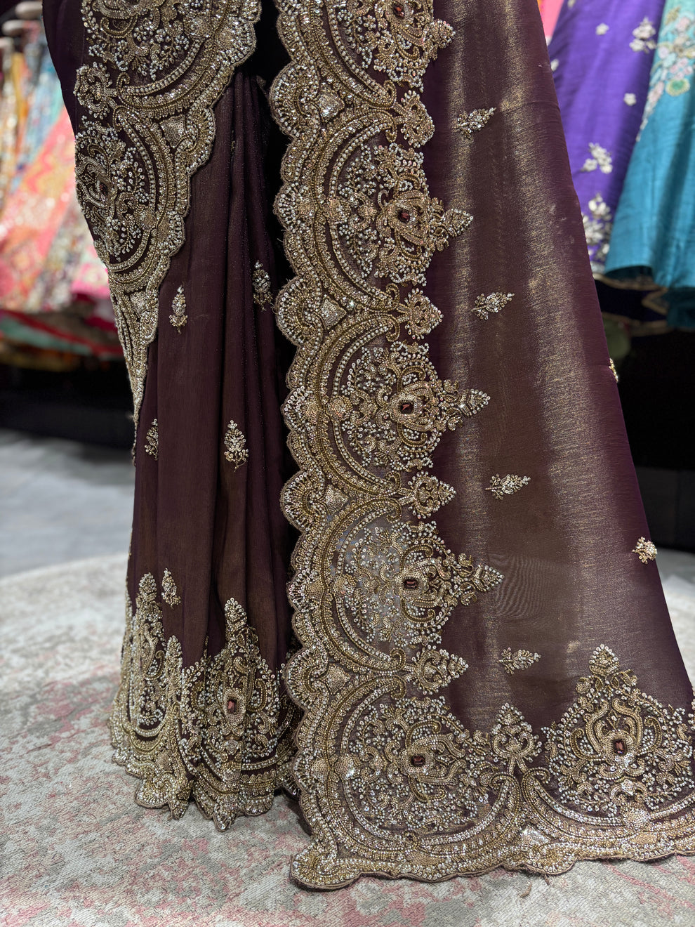 Ultra Luxury Brown / Deep Wine / Maroon Silk Saree with Pearl, Zari, Sequins, Cutdana, Beads, Diamond Embroidery Work Saree with Readymade Blouse (SC42113) - Image 5