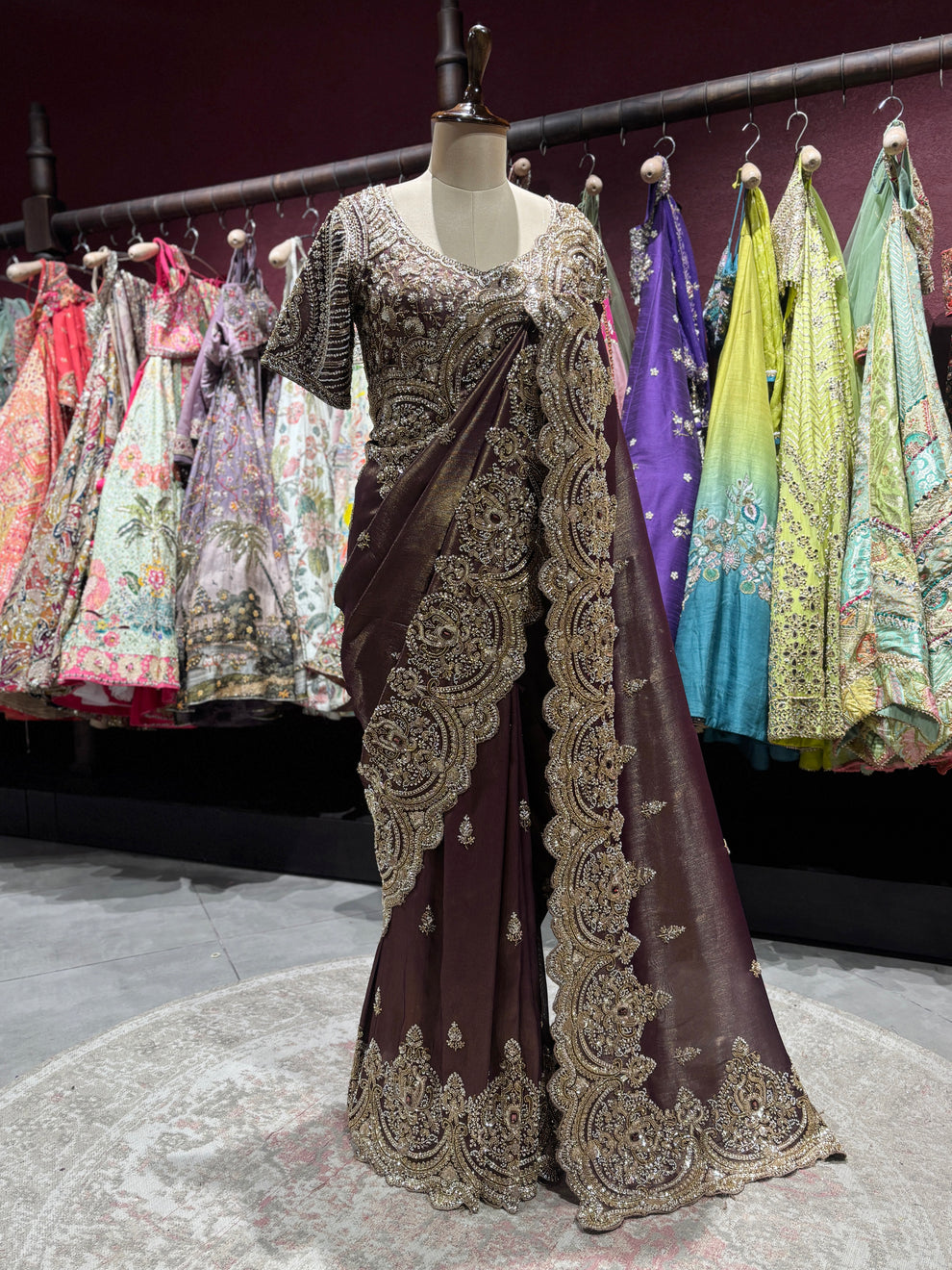 Ultra Luxury Brown / Deep Wine / Maroon Silk Saree with Pearl, Zari, Sequins, Cutdana, Beads, Diamond Embroidery Work Saree with Readymade Blouse (SC42113) - Image 3